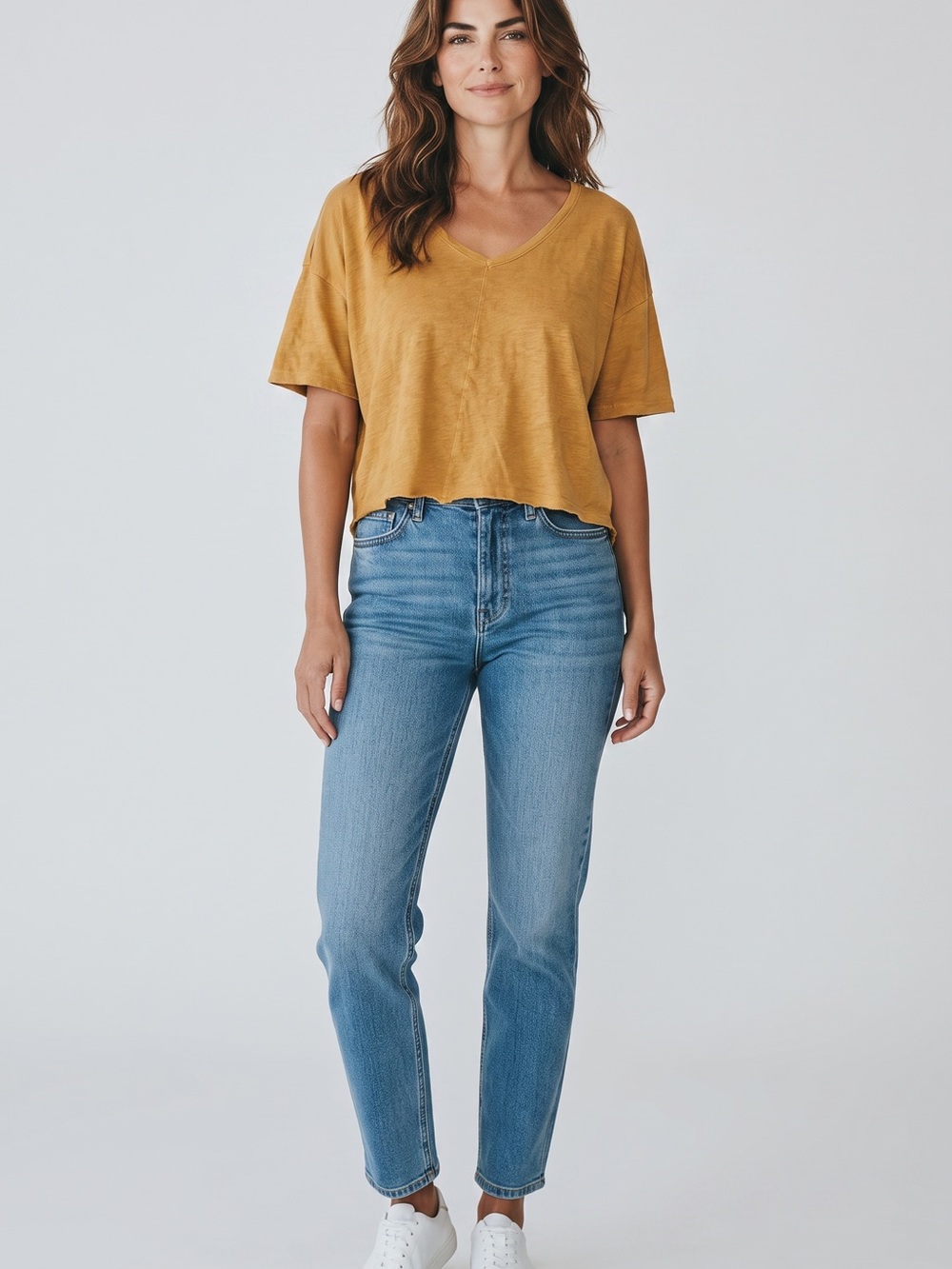 Tahari Cropped V-Neck Short Sleeve Top - Mustard -100% linen